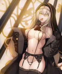 1girl :p absurdres bare_shoulders black_gloves black_thighhighs breasts cleavage coat commentary cross cross_necklace elbow_gloves english_commentary funky_dea1er garter_belt garter_straps gloves hair_between_eyes highres jewelry long_hair looking_at_viewer mole mole_under_eye navel necklace nun off_shoulder original slingshot_swimsuit smile solo swimsuit thighhighs tongue tongue_out veil white_hair white_swimcap yellow_eyes