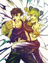 Rule 34 | 1boy, 1girl, family, fighting stance, hamon, happy, holding, hug, jojo no kimyou na bouken, jonathan joestar, kuujou jolyne, lifting person, looking at viewer, muscular, muscular male, serious, smile, thread, white background