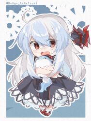 1girl :3 animal animal_hug blue_dress blue_hair blush chibi chibi_only dress footwear_ribbon hat highres imperishable_night kamishirasawa_keine long_hair multicolored_hair open_mouth renge_kanatsuki sukusuku_hakutaku tears touhou white_hair