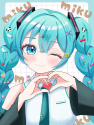1girl absurdres alternate_hairstyle aqua_eyes aqua_hair ascot blue_ascot blush braid candy_hair_ornament cherry_hair_ornament closed_mouth crescent crescent_pin detached_sleeves food-themed_hair_ornament hair_between_eyes hair_ornament hatsune_miku heart heart_hands highres long_hair long_sleeves looking_at_viewer maarin_(59567861) one_eye_closed panda_hair_ornament paw_hair_ornament rainbow_hair_ornament shirt signature smile solo star_(symbol) star_hair_ornament twin_braids twintails upper_body vocaloid white_shirt