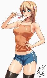 Rule 34 | 1girl, absurdres, aqua eyes, armpit crease, bare arms, black thighhighs, blonde hair, blue shorts, blush, breasts, camisole, commentary request, food, hair between eyes, hand on own hip, highres, holding, holding food, holding popsicle, kamimura chika, looking at viewer, medium breasts, melting popsicle, open mouth, orange camisole, panties, panty peek, perky breasts, popsicle, shorts, signature, simple background, sisters ~natsu no saigo no hi~, solo, sweat, thighhighs, thighs, two side up, underwear, white background, white panties, yoo tenchi