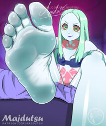 1girl artificial_eye barefoot bra breasts colored_sclera colored_skin cyberpunk_(series) feet foot_focus foreshortening green_eyes green_hair leg_tattoo long_hair looking_at_viewer majdutsu mechanical_eye neck_tattoo purple_lips rebecca_(cyberpunk) red_pupils red_sclera sitting small_breasts smile soles solo tattoo toes underwear