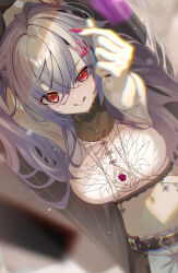 1girl arm_behind_head bare_arms belt black_belt black_pants blurry blurry_background blurry_foreground breasts commentary_request cropped_shirt crossed_bangs crown_hair_ornament depth_of_field double-parted_bangs finger_heart grey_hair grin hair_between_eyes hair_ornament hairclip highres hololive hololive_dev_is isaki_riona large_breasts long_hair looking_at_viewer lying midriff navel navel_piercing on_back outstretched_arm pants piercing pondel red_eyes shirt sidelocks sleeveless sleeveless_shirt smile solo two-tone_pants virtual_youtuber white_pants white_shirt