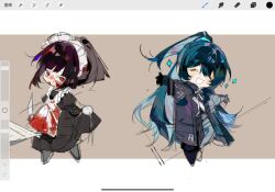 1boy 1girl apron arms_up black_boots black_coat black_dress black_gloves black_hair blood blood_on_clothes blood_on_face blush boots chibi closed_eyes coat dress fanghunt_office_(identity)_(project_moon) full_body gloves half_updo highres holding holding_knife hong_lu_(project_moon) jingshenhuanghu juliet_sleeves knife limbus_company long_hair long_sleeves maid maid_apron maid_headdress open_mouth project_moon puffy_sleeves ryoshu_(project_moon) smile very_long_hair white_apron wuthering_heights_(identity)_(project_moon)