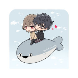 2boys akechi_gorou amamiya_ren black_eyes black_hair chibi chibi_only curly_hair glasses heart highres male_focus medium_hair multiple_boys persona persona_5 red_eyes short_hair sitting twitter_username yaoi zozakura