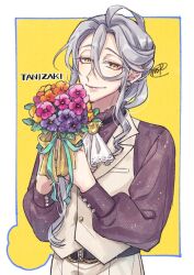Rule 34 | 1boy, androgynous, aqua ribbon, ascot, belt, belt buckle, black belt, border, bouquet, bow, brooch, brown shirt, buckle, bungou to alchemist, character name, closed mouth, cowlick, cuff links, earrings, eyeliner, flower, frilled shirt collar, frills, grey hair, hair between eyes, hair over shoulder, hands up, holding, holding bouquet, jewelry, long hair, long hair between eyes, long sleeves, looking at viewer, loosely tucked bangs, low ponytail, makeup, male focus, orange flower, outside border, pansy, pants, pink flower, ponytail, purple flower, red eyeliner, ribbon, shirt, sidelocks, signature, simple background, smile, solo, stud earrings, tanizaki junichirou (bungou to alchemist), tareme, tasikanakoto, upper body, vest, wavy hair, white ascot, white border, white pants, white vest, yellow background, yellow bow, yellow eyes