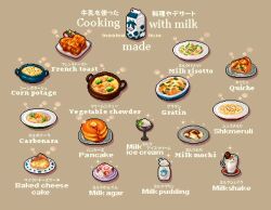 bilingual_text brown_background butter carbonara_(food) cheesecake chowder_(food) commentary corn_potage cup drink english_commentary english_text food food_focus food_name french_toast gratin ice_cream milk_agar milk_carton milkshake mixed-language_text mochi original pancake pancake_stack pixel_art plate pudding quiche shkmeruli simple_background syrup vegetable whipped_cream yuuki_mokuya