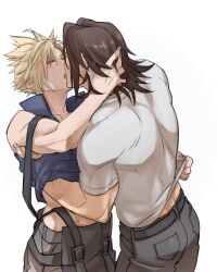 Rule 34 | 2boys, belt, black belt, black pants, blonde hair, blue vest, brown hair, clothes lift, cloud strife, facing away, final fantasy, final fantasy vii, final fantasy viii, french kiss, hand on another&#039;s neck, kingdom hearts, kingdom hearts ii, kiss, male focus, midriff peek, multiple boys, no armor, no gloves, no jacket, open mouth, pants, ryouto, shirt, shirt lift, short hair, simple background, spiked hair, squall leonhart, t-shirt, toned, toned male, upper body, vest, waist cape, white background, white shirt, yaoi