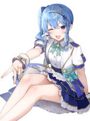 Rule 34 | 1girl, ;d, absurdres, blue eyes, blue hair, blue skirt, blush, breasts, frilled skirt, frills, hair between eyes, highres, hololive, hoshimachi suisei, izumi kei, jacket, long hair, looking at viewer, one eye closed, open clothes, open jacket, open mouth, shirt, side ponytail, simple background, sitting, skirt, small breasts, smile, solo, star (symbol), star in eye, symbol in eye, v, virtual youtuber, white background, white jacket, white shirt