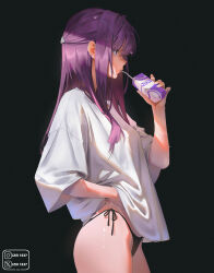 Rule 34 | absurdres, black background, black panties, drinking, fern (sousou no frieren), highres, holding, holding juice box, instagram username, izei1337, juice box, long hair, no pants, panties, profile, purple eyes, purple hair, shirt, short sleeves, side-tie panties, sidelocks, simple background, solo, sousou no frieren, standing, twitter username, underwear, white shirt