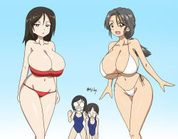 Rule 34 | 10 ji lay, 4girls, absurdres, bikini, black hair, blue eyes, blue one-piece swimsuit, blush, breast envy, breasts, cleavage, collarbone, girls und panzer, grey hair, highres, iruma anna, katsuya megu, large breasts, long hair, looking at viewer, multiple girls, navel, nonna (girls und panzer), one-piece swimsuit, open mouth, piyotan (girls und panzer), ponytail, red bikini, side-tie bikini bottom, swimsuit, white bikini