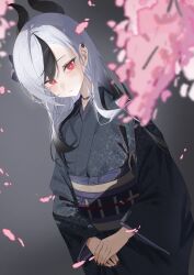 Rule 34 | 1girl, absurdres, black hair, black kimono, black nails, blue archive, blush, cherry blossoms, closed mouth, demon girl, demon horns, ear piercing, hair behind ear, hair down, highres, horns, japanese clothes, kayoko (blue archive), kayoko (new year) (blue archive), kimono, looking at viewer, macha bafei, multicolored hair, obi, official alternate costume, official alternate hairstyle, own hands together, piercing, purple sash, red eyes, sash, solo, two-tone hair, white hair