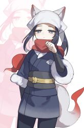 1girl :&lt; absurdres akari_(pokemon) akari_(pokemon)_(cosplay) animal_ear_fluff animal_ears arm_behind_back bangs_pinned_back black_hair black_pantyhose black_sleeves blue_jacket blue_skirt bright_pupils clenched_hand closed_mouth cosplay cowboy_shot creatures_(company) disguised_zorua ears_through_headwear fur-trimmed_sleeves fur_trim galaxy_expedition_team_survey_corps_uniform game_freak gradient_clothes gradient_skirt gradient_tail grey_eyes grey_sash half-closed_eyes hand_up hanten_(clothes) headscarf highres hisuian_zorua hufy jacket japanese_clothes kemonomimi_mode layered_sleeves long_sleeves looking_down medium_hair miniskirt multicolored_tail nintendo obi pantyhose pokemon pokemon_legends:_arceus ponytail red_scarf red_tail sash scarf short_over_long_sleeves short_sleeves skirt solo tail two-tone_tail unamused white_background white_headscarf white_pupils white_tail zoom_layer