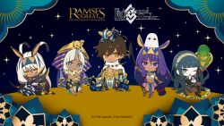 2boys 3girls ancient_egyptian ancient_egyptian_clothes animal_ears antenna_hair bandages bird black_bandages chibi chibi_only cleopatra_(fate) dark-skinned_female dark-skinned_male dark_skin earrings facepaint facial_mark fate/grand_order fate_(series) green_eyes green_hair grey_eyes grey_hair hair_between_eyes hairband highres hoop_earrings jackal jackal_ears jewelry koyori_tsuda long_hair looking_at_viewer medjed_(fate) multiple_boys multiple_girls nitocris_(fate) nitocris_alter_(fate) nitocris_alter_(first_ascension)_(fate) official_art one_eye_closed open_mouth ozymandias_(fate) promotional_art purple_eyes purple_hair second-party_source short_hair sidelocks smile snake sphinx tutankhamun_(fate) tutankhamun_(second_ascension)_(fate) usekh_collar white_hair yellow_eyes
