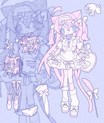 &gt;_&lt; 1girl absurdres animal_ears bad_id bad_twitter_id bag bell blue_background blue_eyes blush_stickers cat_ears cat_tail cat_teaser chibi chibi_inset closed_umbrella commission dress elbow_carry fpwrs full_body hair_ribbon hairband heart-shaped_bag highres holding holding_bag jingle_bell kneehighs lolita_hairband long_hair looking_at_viewer neck_bell original panties pink_hair pink_ribbon pink_shoes ribbon shoes socks standing tail umbrella underwear unworn_panties unworn_shoes white_dress white_footwear white_hairband white_socks white_umbrella zoom_layer