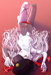 1girl absurdres barefoot black_hat breasts commentary commentary_request cropped_shirt english_commentary full_body geminism gloves hair_ribbon half-closed_eyes hands_up hat hat_over_one_eye highres hirosoma_shinku knees_up long_hair looking_at_viewer lying mixed-language_commentary navel on_back one_eye_covered open_mouth panties peaked_cap red_background red_eyes red_panties red_ribbon ribbon see-through_body shadow shirt single_glove sleeveless sleeveless_shirt small_breasts smile solo takeru_(tkr) thigh_strap underwear underwear_only upside-down white_hair white_undershirt