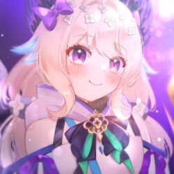 1girl blonde_hair blurry blush bokeh bow depth_of_field dot_nose enna_alouette enna_alouette_(1st_costume) flower hair_bow hair_flower hair_ornament head_wings highres hood hood_down long_hair low_twintails nijisanji nijisanji_en purple_eyes smile solo twintails virtual_youtuber winexc wings