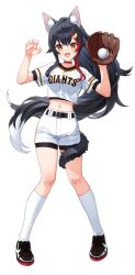 1girl animal_ears ball baseball baseball_(object) baseball_glove baseball_uniform black_hair holding holding_ball hololive izumi_sai long_hair midriff multicolored_hair nippon_professional_baseball official_art ookami_mio shirt shoes shorts sneakers socks sportswear tail transparent_background virtual_youtuber white_shirt white_shorts white_socks wolf_ears wolf_girl wolf_tail yomiuri_giants
