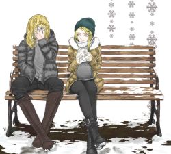 2boys 6_9 atouda_ako_(character) beanie bench black_footwear black_jacket black_pants blonde_hair boots brown_coat brown_footwear closed_mouth coat commentary_request cookie_(touhou) full_body green_headwear grey_shirt hat hazuna_rio holding jacket kirisame_marisa knee_boots long_hair long_sleeves looking_at_another male_focus multiple_boys pants shirt sitting smile snow snowflakes touhou yellow_eyes yma