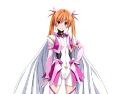 1girl bodysuit breasts brown_eyes cape covered_navel cowboy_shot frown game_cg gentle_sasaki gloves hair_ribbon hand_on_own_hip large_variant_set long_hair looking_at_viewer non-web_source official_art orange_hair prism_shine ribbon shindou_hikari skin_tight small_breasts solo soukou_senki_prism_reica soukou_senki_prism_shine standing thighhighs transparent_background twintails variant_set white_cape