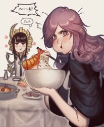 2girls 50x48x48 :t black_kimono bleach bleach:_sennen_kessen-hen blunt_bangs blush blush_stickers bowl breasts chibi chibi_inset chopsticks closed_mouth commentary constricted_pupils crescent crescent_hair_ornament curly_hair eating eyelashes food food_on_face hair_ornament hands_up highres hikifune_kirio holding holding_bowl holding_chopsticks huge_breasts japanese_clothes jitome kimono korean_text long_hair long_sleeves looking_at_another looking_at_viewer mechanical_arms multiple_girls parted_bangs purple_eyes purple_hair red_lips rice shrimp shrimp_tempura shutara_senjumaru simple_background sleeves_rolled_up solo_focus speech_bubble table tempura thought_bubble translation_request upper_body v-shaped_eyebrows white_background