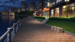blue_sky brick_floor brick_road building bush city_lights cityscape cloud cloudy_sky dark english_text highres lake night no_humans non-web_source official_art our_life:_beginnings_and_always outdoors railing reflection reflective_water scenery sign sky skyscraper stairs water