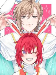 1boy 1girl :3 ange_katrina animal_ears aqua_bow aqua_bowtie aqua_cape blue_eyes border bow bowtie brown_hair cape closed_mouth commentary crossed_bangs earrings eyelashes front-to-back gloves gradient_eyes grey_eyes grin hair_between_eyes hair_bow hair_intakes hair_ornament hand_on_own_chin hand_up hands_on_another&#039;s_ears hands_up height_difference highres index_finger_raised jewelry kanae_(nijisanji) kemonomimi_mode light_blush long_bangs looking_at_viewer mole mole_under_eye multicolored_eyes nijisanji official_alternate_costume one_eye_closed orange_bow outline outside_border parted_bangs pink_background purple_eyes rabbit_ears red_hair shirt short_hair smile sparkle straight-on symbol-only_commentary triangle_hair_ornament ume_aji virtual_youtuber white_border white_gloves white_outline white_shirt