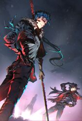 Rule 34 | 2boys, absurdres, amalgam4242, armband, armor, belt, black armor, black gloves, black hair, black hat, black jacket, black pants, black sky, blue armband, blue hair, boothill (honkai: star rail), brown belt, brown gloves, bullet earrings, cape, closed mouth, commentary, cowboy hat, cowboy shot, cu chulainn (fate), cu chulainn (fate/stay night), cu chulainn (honkai: star rail) (fate), cyborg, earrings, english commentary, fate/stay night, fate/unlimited blade works, fate (series), floating hair, from side, fur-trimmed jacket, fur trim, gloves, gradient sky, grey armor, grey eyes, grey hair, grey shirt, hand on headwear, hand on own hip, hand up, hat, hat feather, hat ornament, highres, holding, holding polearm, holding weapon, honkai: star rail, honkai (series), jacket, jewelry, long hair, long sleeves, looking at viewer, low ponytail, male focus, multicolored hair, multiple boys, night, night sky, open clothes, open jacket, outdoors, pants, pink sky, polearm, ponytail, prosthesis, prosthetic arm, prosthetic hand, red cape, red eyes, sharp teeth, sheriff badge, shirt, sky, smile, spear, standing, star (sky), starry sky, teeth, tower, two-tone armor, two-tone hair, v-shaped eyebrows, weapon, zipper