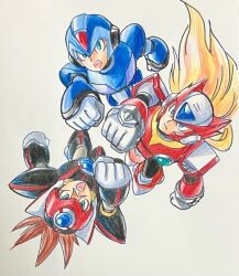 Rule 34 | 3boys, arm up, armor, axl (mega man), black armor, blonde hair, blue armor, blue eyes, blue helmet, brown hair, chest jewel, cross scar, forehead jewel, green eyes, group picture, helmet, hijiriiyaa, long hair, looking up, male focus, mega man (series), mega man x (series), multiple boys, red armor, red helmet, scar, scar on face, simple background, spiked hair, standing, traditional media, x (mega man), zero (mega man)