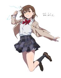 1girl asymmetrical_bangs black_socks blazer bow bowtie brown_eyes brown_hair brown_jacket brown_shoes coin collared_shirt dated electricity electrokinesis grey_skirt hair_ornament hairpin highres holding holding_coin jacket jumping kneehighs loafers long_sleeves looking_at_viewer miniskirt misaka_mikoto parted_lips plaid_clothes plaid_skirt red_bow red_bowtie school_emblem school_uniform shirt shirt_tucked_in shoes short_hair shorts shorts_under_skirt skirt smile socks solo takatisakana toaru_kagaku_no_railgun toaru_majutsu_no_index tokiwadai_school_uniform white_shirt winter_uniform