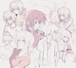 Rule 34 | 1boy, 1girl, brother and sister, cagalli yula athha, grey background, gundam, gundam seed, highres, hug, jacket, kira yamato, medium hair, multiple views, sepia, she (morianosu), shirt, short hair, siblings, simple background, smile, sweatdrop