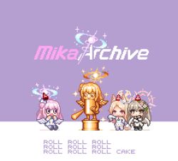 3girls ai-generated_art_(topic) angel_wings animal_ears birthday blonde_hair blue_archive brand_name_imitation brown_hair cake character_name chibi chibi_only closed_mouth dress flower food fox_ears fox_girl hair_bun hair_flower hair_ornament hair_ribbon halo hand_up hands_up hat italian_brainrot_ai_animals_(meme) long_hair long_sleeves meme mika_(blue_archive) multiple_girls nagisa_(blue_archive) open_mouth party_hat pink_eyes pink_hair pink_halo pixel_art purple_background purple_halo redforge ribbon seia_(blue_archive) simple_background single_side_bun sleeves_past_fingers sleeves_past_wrists smile sparkle statue swiss_roll tea_party_(blue_archive) tung_tung_tung_sahur two-tone_background white_background white_dress white_flower white_ribbon white_wings wings yellow_eyes yellow_halo