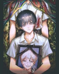 2boys black_border black_hair blood blood_on_clothes blood_on_face blood_on_hands body_horror border broken_glass closed_mouth collared_shirt glass hashtag-only_commentary highres hikaru_ga_shinda_natsu holding holding_photo holding_picture_frame iei indou_hikaru male_focus melting_eyes mole mole_on_cheek mole_under_eye mole_under_mouth multiple_boys multiple_moles photo_(object) picture_frame portrait_(object) red_pupils school_uniform shirt short_hair short_sleeves smile taorotana tsujinaka_yoshiki upper_body white_hair white_shirt