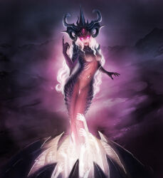 absurdres arm_spikes baklaher breasts colored_skin completely_nude covered_erect_nipples dark_background demon_girl demon_horns elbow_spikes eye_on_belly fingernails forehead_jewel glowing glowing_eyes hair_over_breasts hair_over_shoulder highres horns large_breasts leg_grab long_fingernails long_hair long_horns long_legs mountainous_horizon multicolored_skin nipples nude pink_eyes pink_gemstone pink_skin presenting purple_skin shoulder_spikes slaanesh spikes two-tone_skin warhammer_40k white_hair
