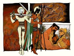 4boys arm_hair back_hair bara beard_stubble couple dancing dark-skinned_male dark_skin dual_wielding eye_contact facial_hair flet from_side full_body hairy highres holding holding_sword holding_weapon horse ivan_sreckovic_(flet) large_pectorals looking_at_another male_focus mature_male multiple_boys muscular muscular_male mustache nipples nude original pectorals profile short_hair stubble sword thick_arm_hair thick_eyebrows thick_leg_hair thick_mustache tribal upper_body very_hairy weapon wrinkled_skin yaoi