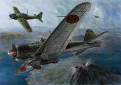 1boy a6m_zero absurdres aircraft airplane bomb cloud explosive flying highres imperial_japanese_navy island military military_vehicle original propeller propeller_fighter scenery smoke vehicle_focus volcano world_war_ii zandan_zero_to_na!?