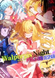 1boy 4girls ;d blonde_hair blue_eyes blue_hair bow bowtie brown_hair brown_hairband don_quixote_(project_moon) e.g.o_(project_moon) english_text green_eyes grin hair_ornament hairband heart heart_hair_ornament highres in_the_name_of_love_and_hate_(e.g.o) limbus_company lobotomy_corporation lobotomy_corporation_(identity)_(project_moon) long_hair multiple_girls one_eye_closed open_mouth pink_bow pink_bowtie pmchell_04 project_moon queen_of_hatred rodion_(project_moon) sleeveless smile teardrop_facial_mark the_sword_sharpened_with_tears_(e.g.o) tiphereth_a_(project_moon) tiphereth_b_(project_moon) two_side_up yellow_eyes