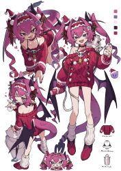1girl absurdres all_fours artificial_vagina bell belt_collar bikini black_bikini bottle breasts censored checkered_hairband collar collarbone color_guide demon_girl demon_horns demon_tail demon_wings drill_hair drinking_straw drinking_straw_in_mouth drooling emoji facial_hair fang fingernails frilled_hairband frills fur-trimmed_headwear fur_trim green_ribbon hair_between_eyes hair_intakes hair_ornament hair_ribbon hairband halterneck hand_up hat hat_on_horn heart heart-shaped_pupils highres holding holding_bottle holly_hair_ornament horns leg_warmers light_blush looking_at_viewer looking_back looking_up low_wings milk_churn mosaic_censoring mouth_drool multiple_views mustache nail_polish off-shoulder_sweater off_shoulder open_mouth original pink_nails pom_pom_(clothes) purple_eyes purple_footwear purple_hair purple_tail red_hairband red_hat red_ribbon red_sweater ribbon santa_hat sex_toy simple_background small_breasts smug standing striped_ribbon sweat sweater swimsuit symbol-shaped_pupils tail tsurime turning_head twin_drills twintails white_background white_leg_warmers wings zizi_niisan