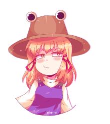 1girl alpha_transparency blonde_hair brown_hat cropped_torso hair_ribbon hat long_sleeves medium_hair moriya_suwako mosho1502 purple_vest pyonta red_ribbon ribbon shirt solo touhou transparent_background upper_body vest white_shirt