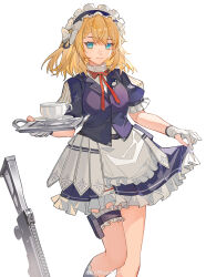1girl absurdres assault_rifle blonde_hair blue_eyes blue_jacket centaureissi_(girls&#039;_frontline_2) cowboy_shot cup curtsey g36_(girls&#039;_frontline) girls&#039;_frontline girls&#039;_frontline_2:_exilium gloves gun h&amp;k_g36 highres holding holding_tray jacket looking_at_viewer maid maid_headdress naughty_face neck_ribbon red_ribbon rhachen ribbon rifle solo teacup thigh_strap tray watermark weapon weibo_username weibo_watermark white_gloves
