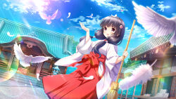 1girl :d bird black_hair blunt_bangs breasts broom cleavage day dove dutch_angle feathers female_focus flower frills girlfriend_(kari) hair_flower hair_ornament hair_over_shoulder highres japanese_clothes large_breasts long_hair long_sleeves looking_at_viewer low-tied_long_hair low_twintails miko morizono_mei official_art open_mouth outdoors outstretched_arm qp:flapper red_eyes ribbon_trim sky smile solo sunlight twintails