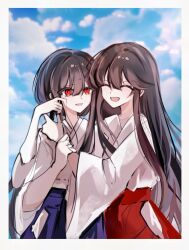 1boy 1girl :d aged_down alternate_costume arm_around_shoulder black_hair blue_hakama blue_sky border brother_and_sister center-flap_bangs closed_eyes cloud cowboy_shot crying crying_with_eyes_open day fate/grand_order fate_(series) hair_between_eyes hakama highres holding_another&#039;s_wrist hug japanese_clothes kimono long_hair looking_at_another low_ponytail oda_nobukatsu_(fate) oda_nobunaga_(fate) open_mouth outdoors ponytail raised_eyebrows red_eyes red_hakama siblings sidelocks sky smile tears very_long_hair white_border white_kimono wide_sleeves wiping_tears xixing_chun
