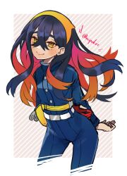 1girl arms_behind_back black_hair blue_jacket blue_pants blueberry_academy_school_uniform carmine_(pokemon) closed_mouth colored_inner_hair crossed_bangs eyelashes fanny_pack gloves hair_between_eyes hairband highres jacket long_hair long_sleeves looking_at_viewer mipokec mole mole_under_eye multicolored_hair nintendo pants partially_fingerless_gloves pokemon pokemon_sv red_gloves red_hair school_uniform single_glove smile solo twitter_username two-tone_hair yellow_eyes yellow_hairband