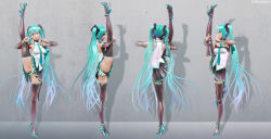 1girl 3d absurdres aliasing aqua_eyes aqua_hair arm_up armpits ass black_thighhighs blush bra detached_sleeves eyelashes fingernails flexible from_behind full_body groin_tendon hatsune_miku high_heels highres leg_lift leg_up leslyzerosix lips long_hair looking_at_viewer multiple_views nail_polish necktie panties pantyshot pleated_skirt profile see-through_clothes shirt shoes skirt smile split standing standing_on_one_leg standing_split striped_bra striped_clothes striped_panties taut_clothes taut_shirt thighhighs thighs twintails underwear upskirt v very_long_hair vocaloid