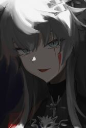 1girl arknights blood blood_on_face close-up commentary_request dark grey_eyes grey_hair hair_between_eyes hair_ornament hairclip highres lappland_(arknights) lappland_the_decadenza_(arknights) long_hair looking_at_viewer ncfnwzn portrait scar scar_across_eye scar_on_face smile solo unfinished