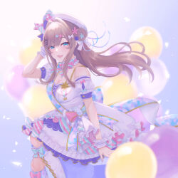 1girl :3 absurdres aqua_bow aqua_bowtie aqua_nails argyle_bow arm_up balloon bare_shoulders blurry blurry_background blurry_foreground blush boots bow bowtie braid braided_bun breasts brown_hair collar detached_sleeves dress fingernails flower frilled_collar frilled_skirt frills gem green_eyes hair_bun hair_flower hair_intakes hair_ornament hairclip hat hat_bow highres knee_boots kneehighs large_breasts long_hair looking_at_viewer nail_polish nian_(jillmaple) nijisanji open_mouth pink_bow pink_bowtie purple_skirt shoes short_sleeves single_side_bun sitting skirt smile socks solo striped_bow striped_bowtie striped_clothes suzuhara_lulu suzuhara_lulu_(3rd_costume) two-tone_bow two-tone_bowtie virtual_youtuber white_bow white_collar white_dress white_gemstone white_hat white_shoes white_skirt white_sleeves white_wrist_cuffs wrist_cuffs