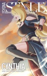 1girl black_boots black_thighhighs boots breasts character_name cloud cover cynthia_(pokemon) cynthia_(sygna_suit)_(aura)_(pokemon) eyes_visible_through_hair facing_to_the_side fake_magazine_cover from_side fur_trim gloves gradient_sky grey_eyes high_ponytail highres large_breasts looking_ahead magazine_cover negaska nintendo official_alternate_costume open_mouth pokemon pokemon_masters_ex ponytail red_gloves short_shorts shorts sky solo sunset thigh_boots thighhighs