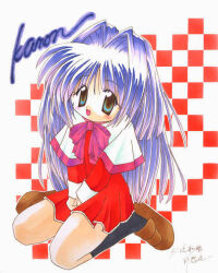Rule 34 | 1girl, 2000s (style), :d, bad id, black socks, blue eyes, blush, bow, bowtie, brown shoes, capelet, checkered background, colored pencil (medium), copyright name, dress, full body, hair intakes, kanon, loafers, long hair, looking at viewer, minase nayuki, open mouth, pink bow, pink bowtie, purple hair, red dress, shoes, sitting, smile, socks, solo, sou ryuu, traditional media, wariza, white capelet