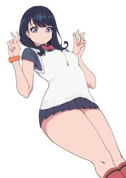 1girl absurdres black_hair black_shirt blue_eyes bow bowtie breasts double_v dutch_angle from_below gridman_universe highres medium_breasts medium_hair miniskirt orange_scrunchie red_socks school_uniform scrunchie shirt skirt socks solo ssss.gridman standing sweater_vest takarada_rikka thick_thighs thighs ushimochi v vest white_background white_vest wrist_scrunchie