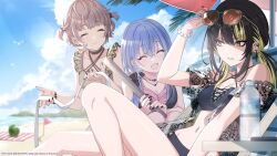 3girls beach bird black_hair black_nails blonde_hair blue_hair blue_sky blush bottle bracelet breasts brown_hair clenched_teeth closed_eyes closed_mouth cloud collarbone cometik_(idolmaster) copyright_name crossed_bangs ear_piercing eyelashes eyewear_on_head food fruit grimace highres idolmaster idolmaster_shiny_colors idolmaster_shiny_colors_song_for_prism ikaruga_luca ikuta_haruki jewelry knee_up long_hair low_twintails medium_breasts multicolored_hair multiple_girls multiple_piercings navel_piercing official_alternate_hairstyle official_art open_mouth outdoors palm_tree piercing seagull short_hair sky smile streaked_hair sunglasses sunlight suzuki_hana swimsuit teeth tree twintails two-tone_hair two_side_up water_bottle watermelon yellow_eyes